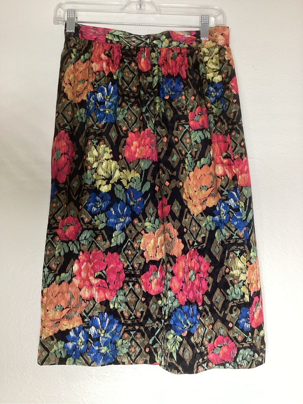 Vintage Louis Feraud Black Floral A-Line Midi Skirt Silk Viscose 8